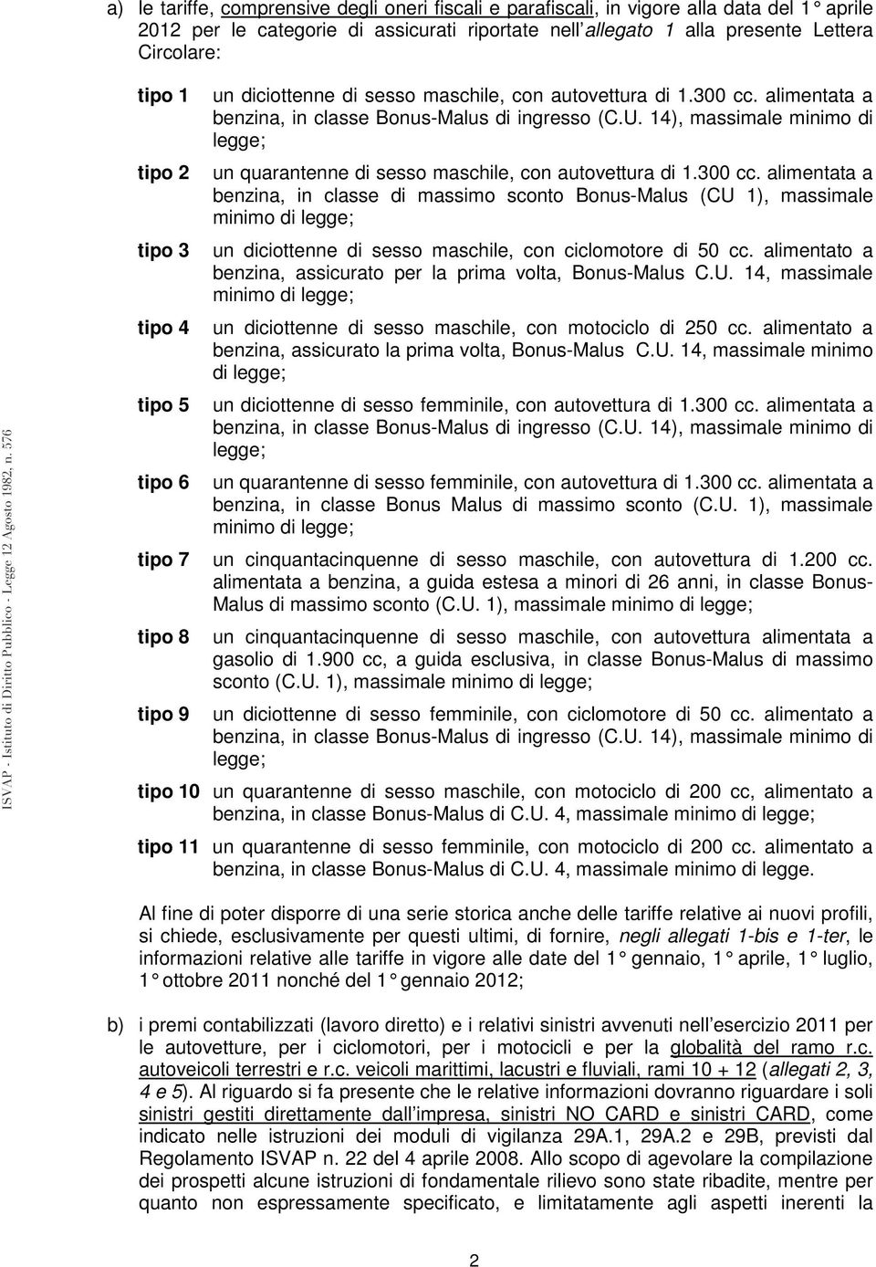 14), massimale minimo di legge; un quarantenne di sesso maschile, con autovettura di 1.300 cc.