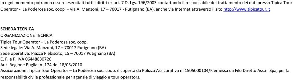 Sede legale: Via A. Manzoni, 17 70017 Putignano (BA) Sede operativa: Piazza Plebiscito, 15 70017 Putignano (BA) C. F. e P. IVA 06448830726 Aut. Regione Puglia: n.