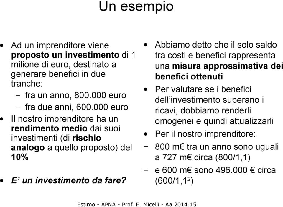 000 euro Il nostro imprenditore ha un rendimento medio dai suoi investimenti (di rischio analogo a quello proposto) del 10% E un investimento da fare?