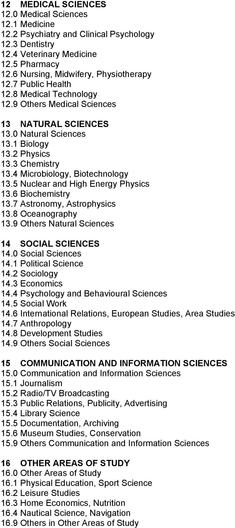 5 Nuclear and High Energy Physics 13.6 Biochemistry 13.7 Astronomy, Astrophysics 13.8 Oceanography 13.9 Others Natural Sciences 14 SOCIAL SCIENCES 14.0 Social Sciences 14.1 Political Science 14.