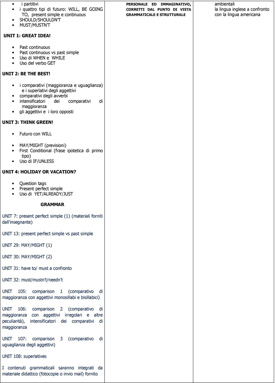 i comparativi (maggioranza e uguaglianza) e i superlativi degli aggettivi comparativi degli avverbi intensificatori dei comparativi di maggioranza gli aggettivi e i loro opposti UNIT 3: THINK GREEN!