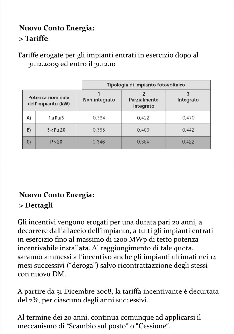 10 Nuovo Conto Energia: > Dettagli Gli incentivi vengono erogati per una durata pari 20 anni, a decorrere dall allaccio dell impianto, a tutti gli impianti entrati in esercizio fino al