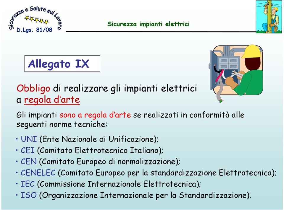 Elettrotecnico Italiano); CEN (Comitato Europeo di normalizzazione); CENELEC (Comitato Europeo per la
