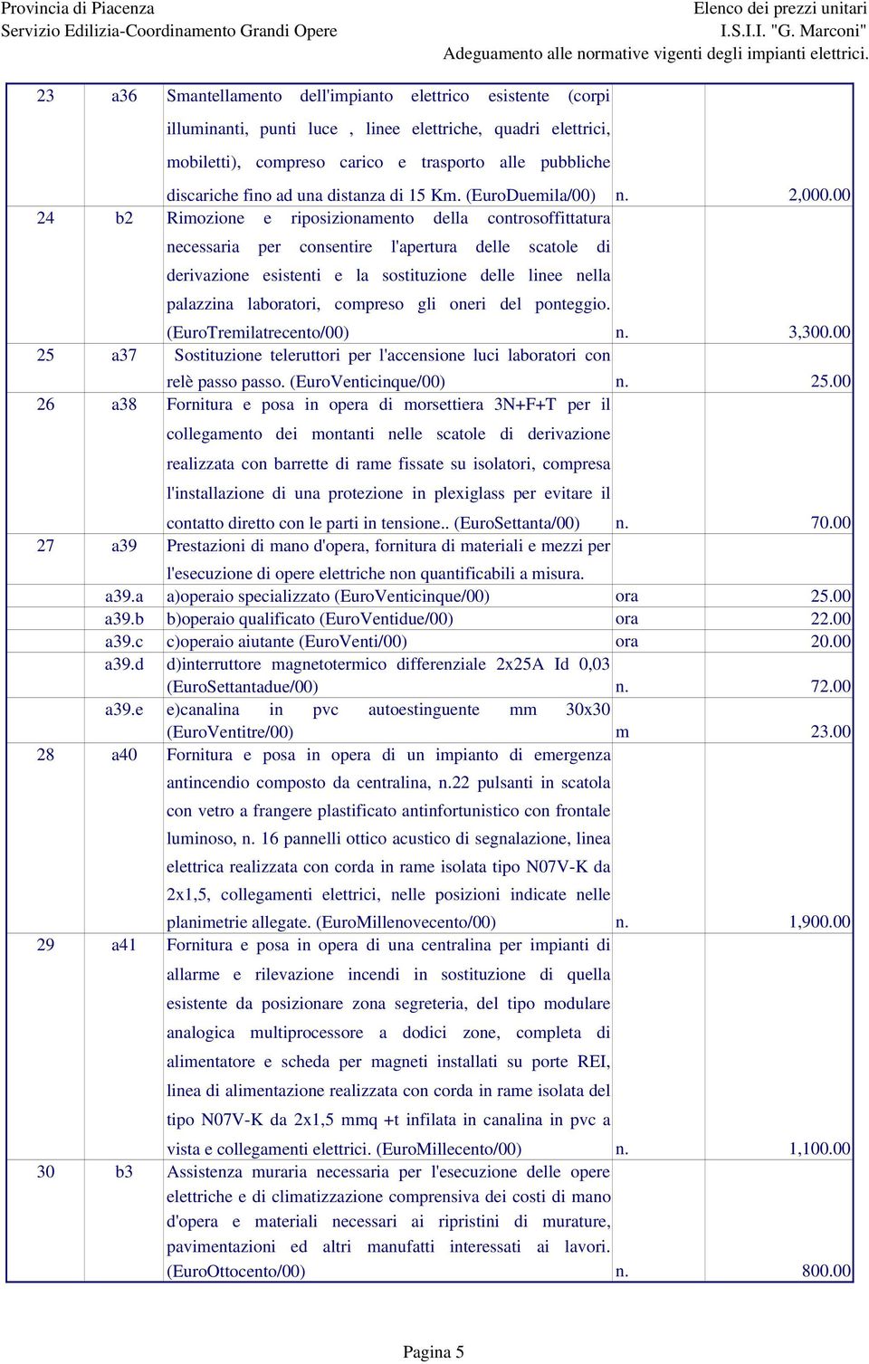 00 24 b2 Rimozione e riposizionamento della controsoffittatura necessaria per consentire l'apertura delle scatole di derivazione esistenti e la sostituzione delle linee nella palazzina laboratori,