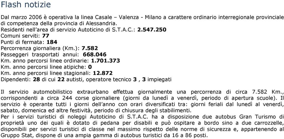 anno percorsi linee ordinarie: 1.701.373 Km. anno percorsi linee atipiche: 0 Km. anno percorsi linee stagionali: 12.