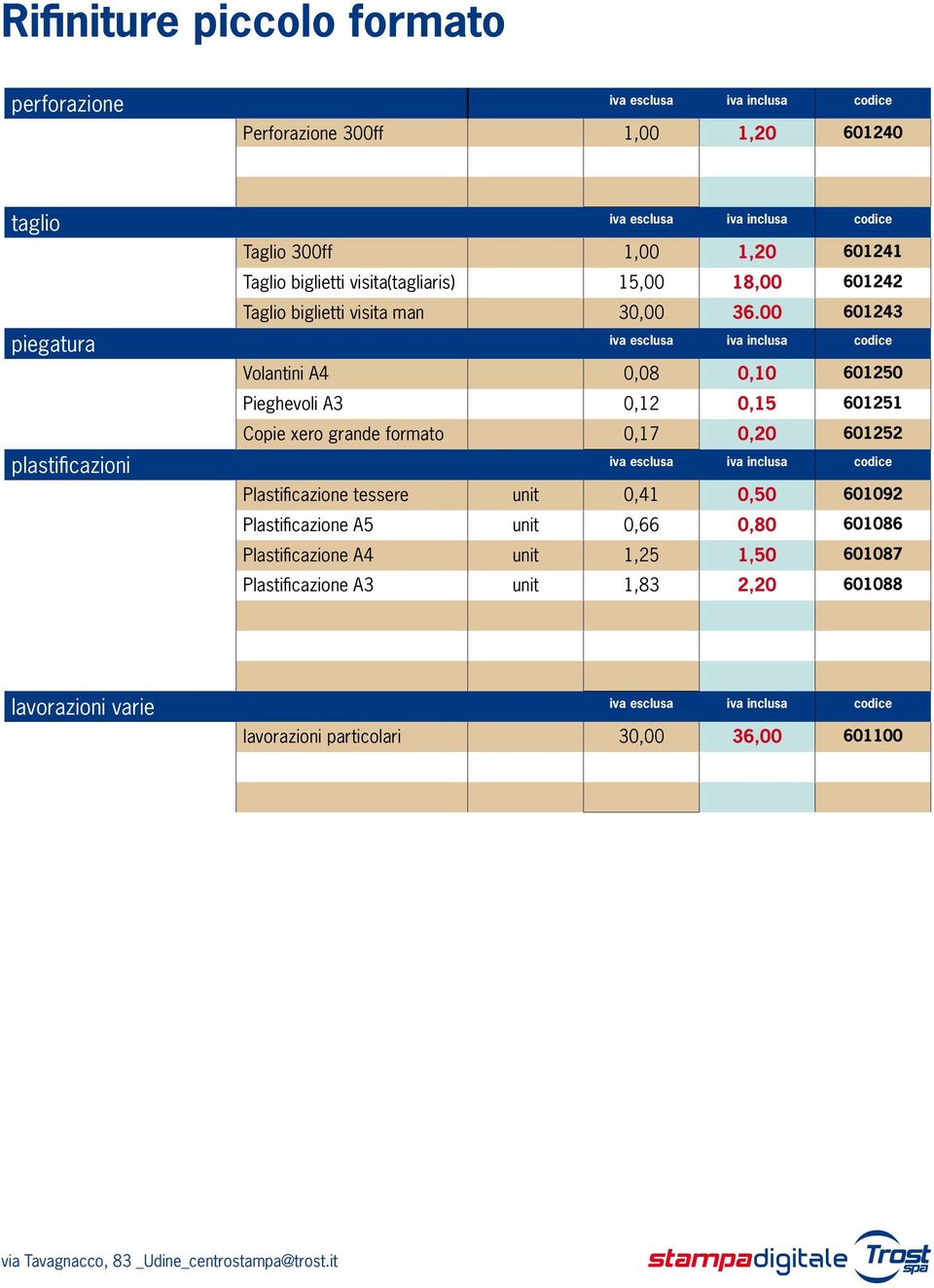 00 601243 piegatura Volantini A4 0,08 0,10 601250 Pieghevoli A3 0,12 0,15 601251 Copie xero grande formato 0,17 0,20 601252 plastificazioni