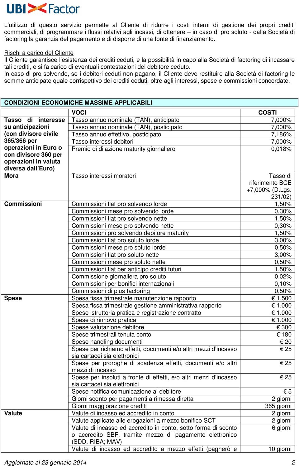 Rischi a carico del Cliente Il Cliente garantisce l esistenza dei crediti ceduti, e la possibilità in capo alla Società di factoring di incassare tali crediti, e si fa carico di eventuali