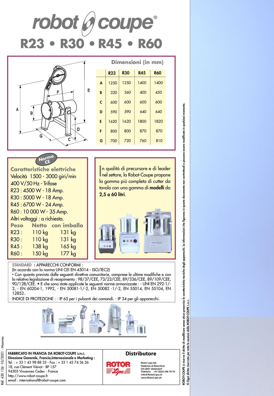 R60 : 10 000 W - 35 Amp. Altri voltaggi : a richiesta.