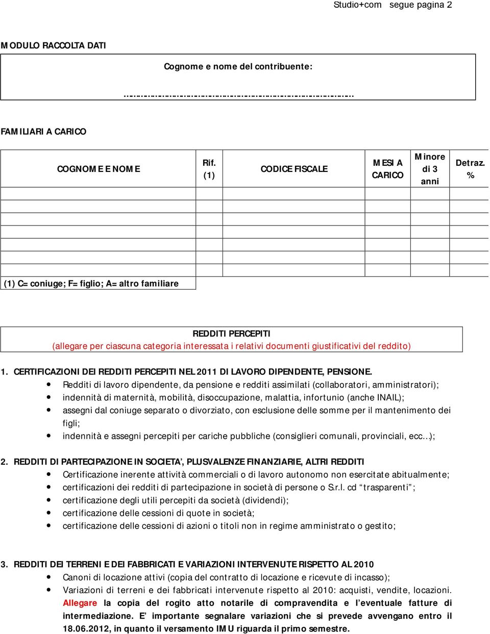 CERTIFICAZIONI DEI REDDITI PERCEPITI NEL 2011 DI LAVORO DIPENDENTE, PENSIONE.