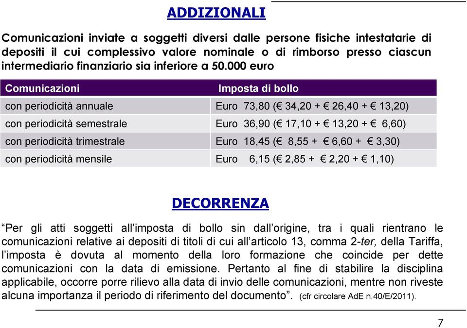 000 euro Comunicazioni Imposta di bollo con periodicità annuale Euro 73,80 ( 34,20 + 26,40 + 13,20) con periodicità semestrale Euro 36,90 ( 17,10 + 13,20 + 6,60) con periodicità trimestrale Euro