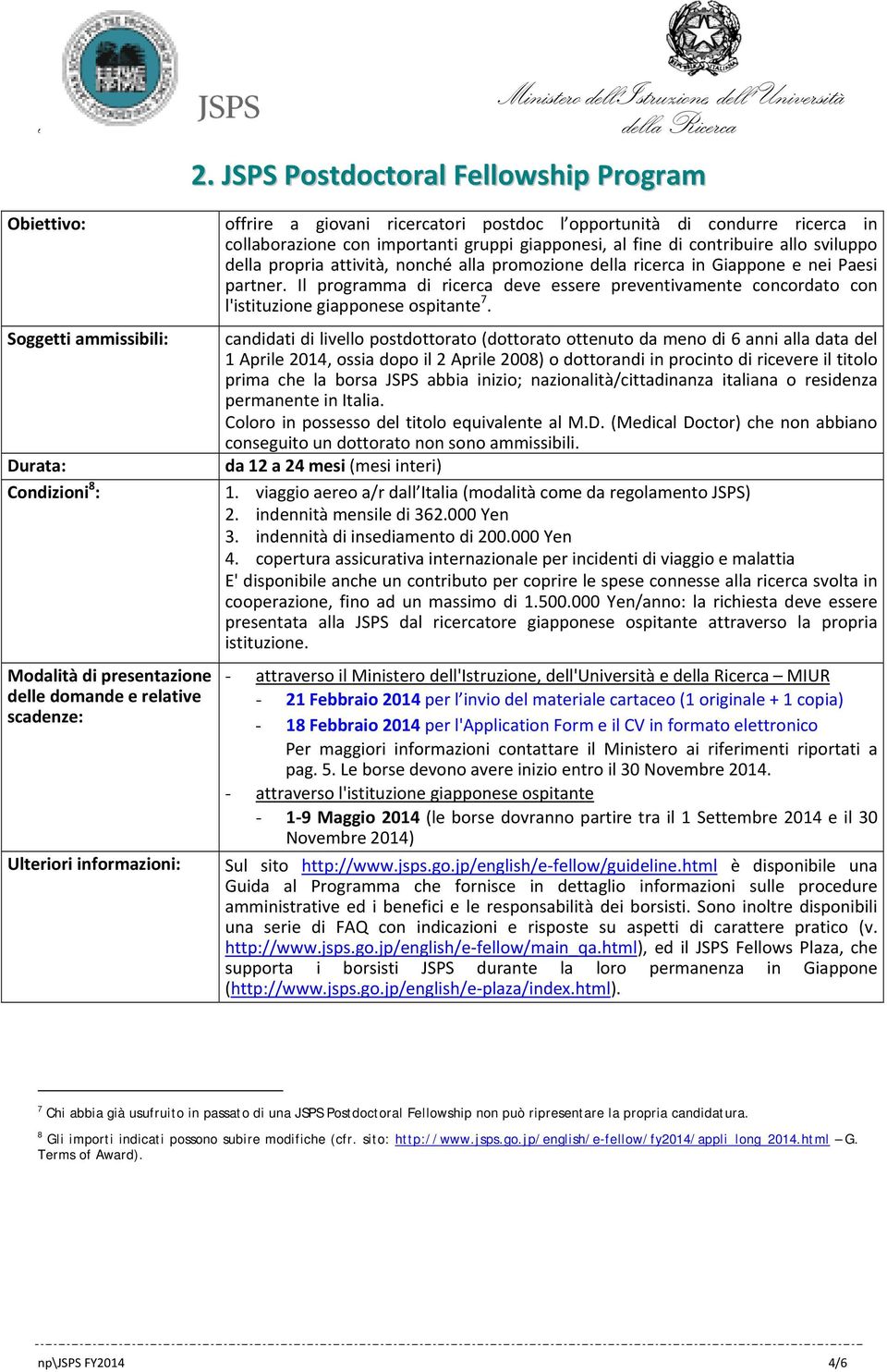 ricerca in Giappone e nei Paesi partner. Il programma di ricerca deve essere preventivamente concordato con l'istituzione giapponese ospitante 7.