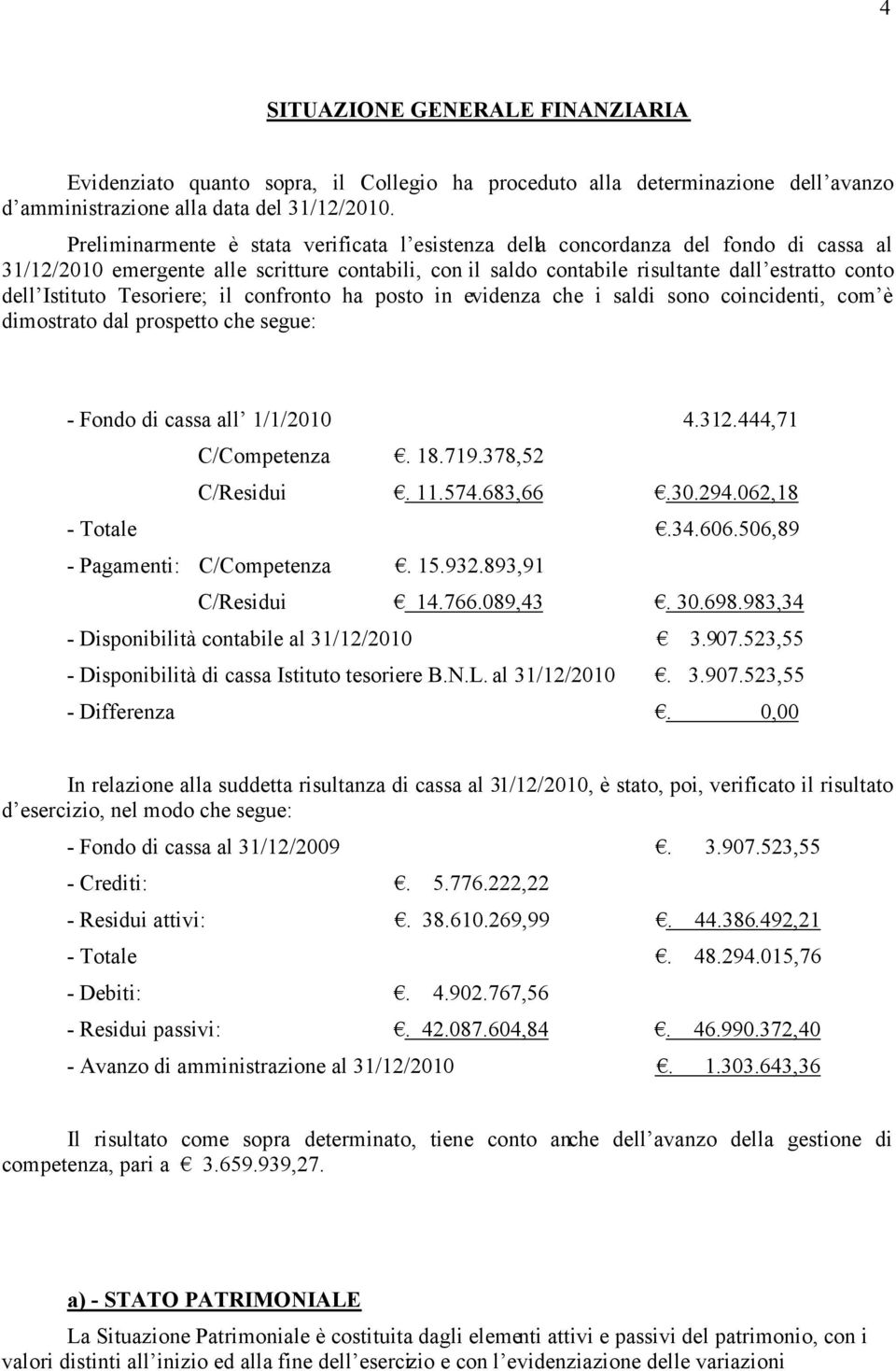 Istituto Tesoriere; il confronto ha posto in evidenza che i saldi sono coincidenti, com è dimostrato dal prospetto che segue: - Fondo di cassa all 1/1/2010 4.312.444,71 C/Competenza. 18.719.