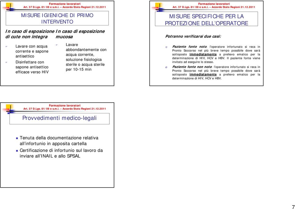 casi: 1) Paziente fonte noto: l operatore infortunato si reca in Pronto Soccorso nel più breve tempo possibile dove sarà sottoposto immediatamente a prelievo ematico per la determinazione di HIV, HCV