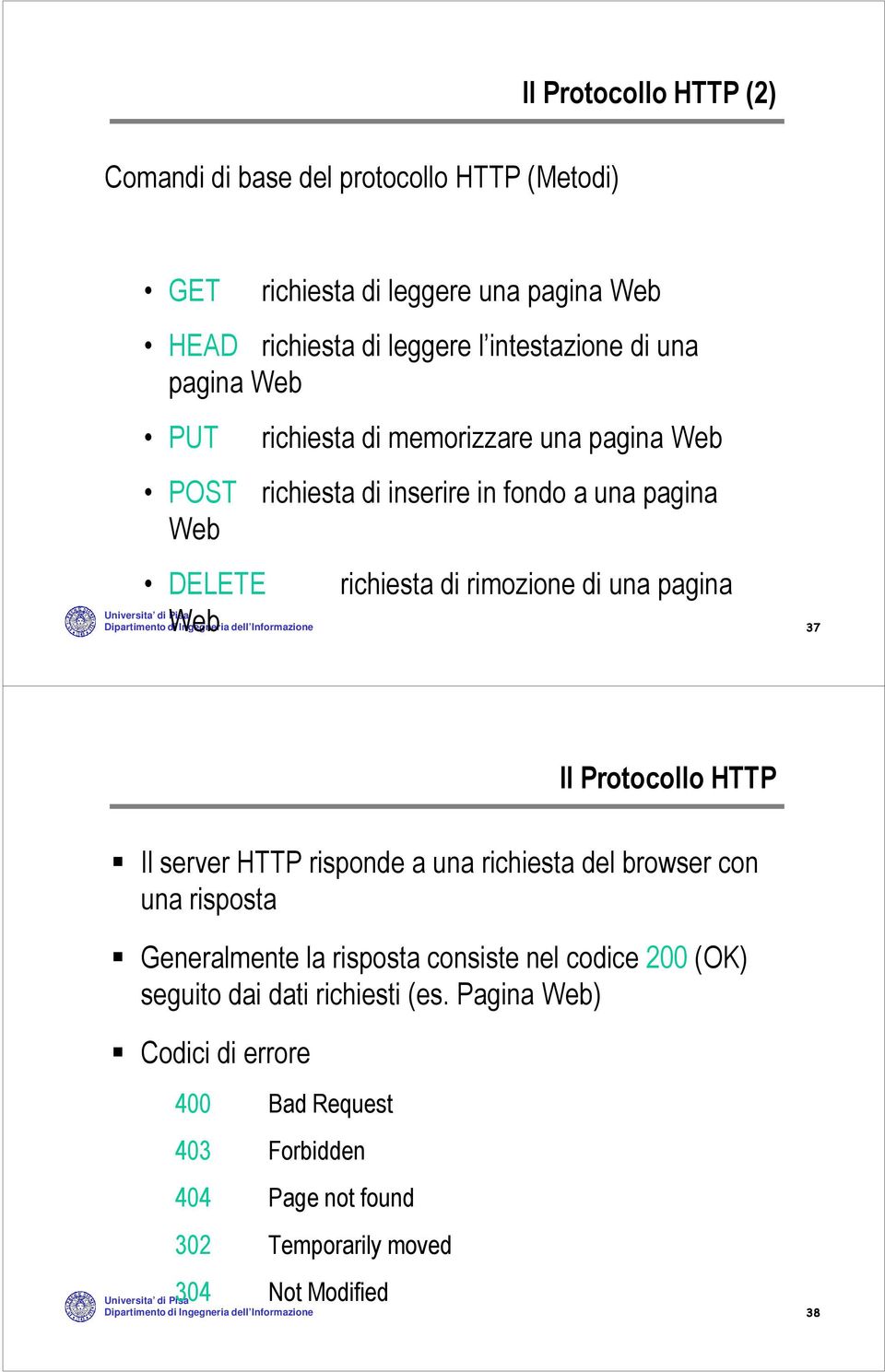 Informazione 37 Il Protocollo HTTP Il server HTTP risponde a una richiesta del browser con una risposta Generalmente la risposta consiste nel codice 200 (OK) seguito dai dati