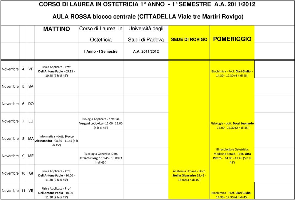 00 17.30 (2 h di 45') Novembre 8 MA Novembre 9 ME Informatica dott. Stocco Alessanadro 08.30 11.45 (4 h di 45') Psicologia Generale Dott. Rizzato Giorgio 10.45 13.