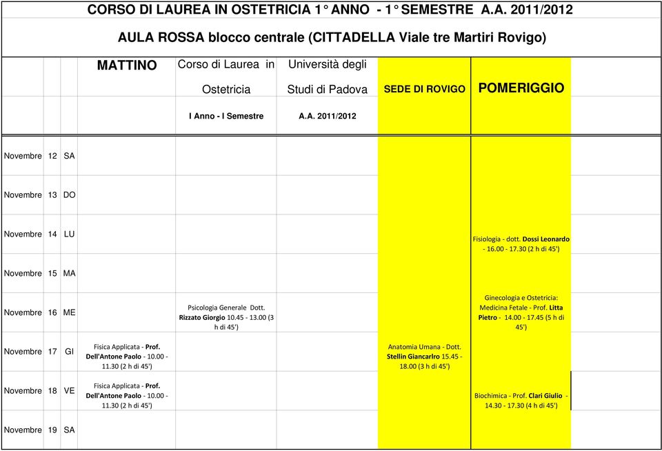 00 (3 h di 45') Ginecologia e : Medicina Fetale Prof. Litta Pietro 14.00 17.