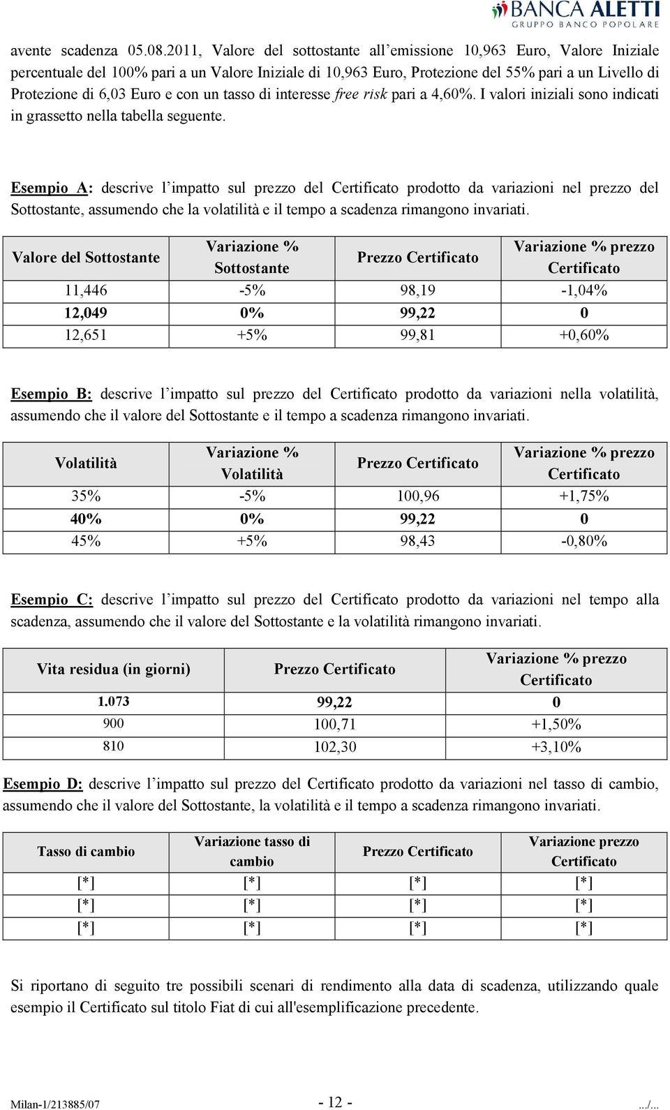 e con un tasso di interesse free risk pari a 4,60%. I valori iniziali sono indicati in grassetto nella tabella seguente.