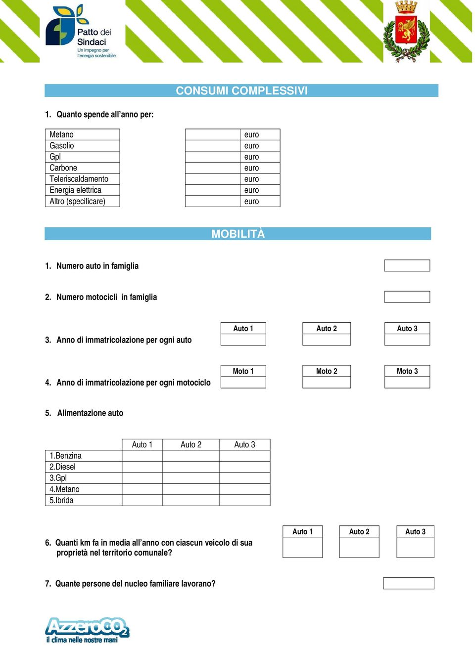 Anno di immatricolazione per ogni motociclo Moto 1 Moto 2 Moto 3 5. Alimentazione auto 1.Benzina 2.Diesel 3.Gpl 4.Metano 5.