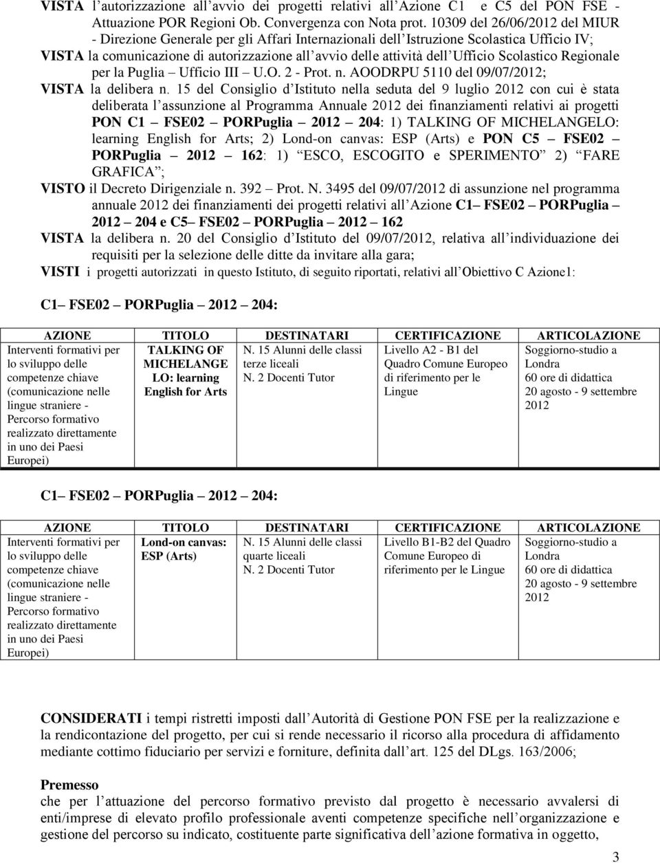Scolastico Regionale per la Puglia Ufficio III U.O. 2 - Prot. n. AOODRPU 5110 del 09/07/2012; VISTA la delibera n.