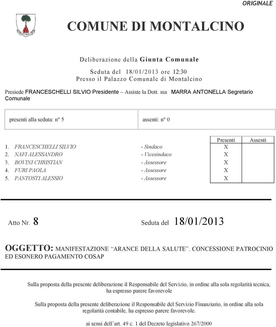 FURI PAOLA - Assessore X 5. PANTOSTI ALESSIO - Assessore X Assenti Atto Nr. 8 Seduta del 18/01/2013 OGGETTO: MANIFESTAZIONE ARANCE DELLA SALUTE.