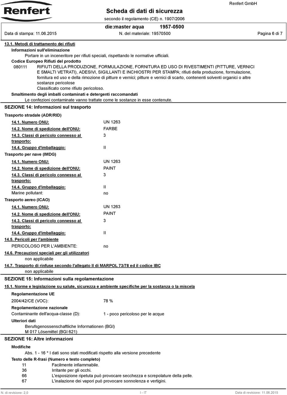 rifiuti della produzione, formulazione, fornitura ed uso e della rimozione di pitture e vernici; pitture e vernici di scarto, contenenti solventi organici o altre sostanze pericolose Classificato