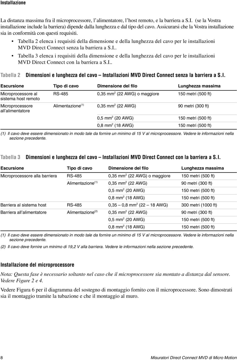 Tabella 2 elenca i requisiti della dimensione e della lunghezza del cavo per le installazioni MVD Direct Connect senza la barriera a S.I.