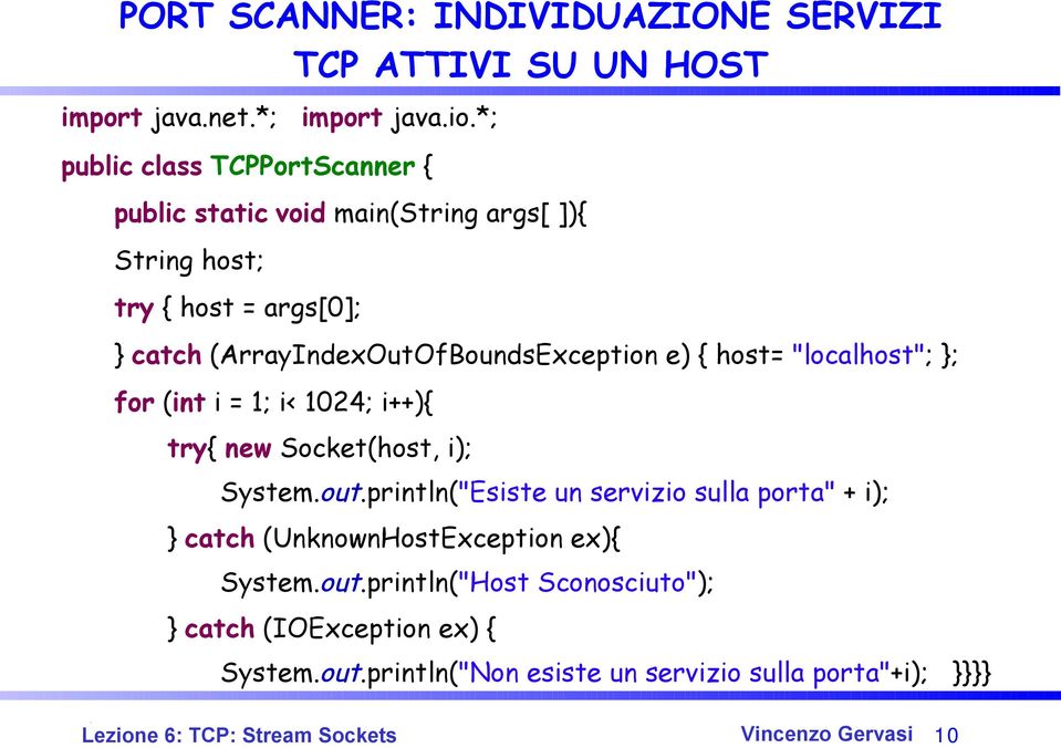 e) { host= "localhost"; }; for (int i = 1; i< 1024; i++){ try{ new Socket(host, i); System.out.