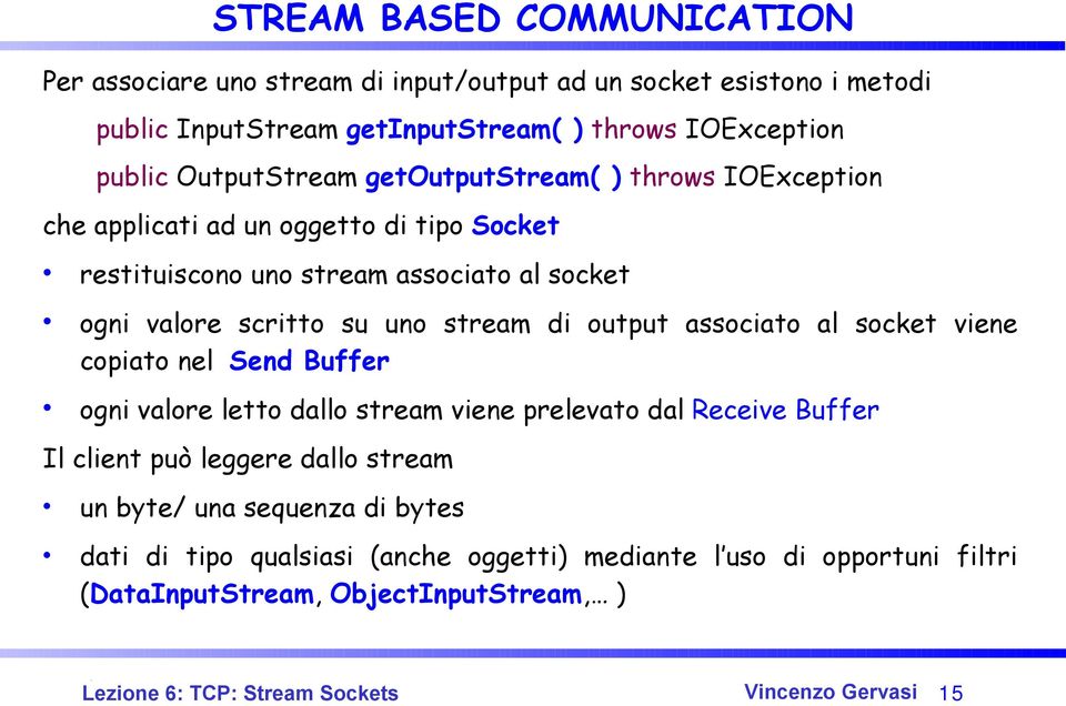 di output associato al socket viene copiato nel Send Buffer ogni valore letto dallo stream viene prelevato dal Receive Buffer Il client può leggere dallo stream un byte/
