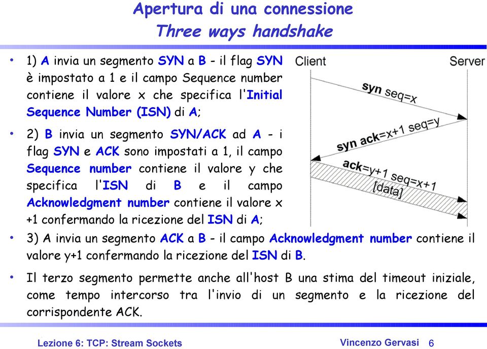 contiene il valore x +1 confermando la ricezione del ISN di A; 3) A invia un segmento ACK a B - il campo Acknowledgment number contiene il valore y+1 confermando la ricezione del ISN di B.
