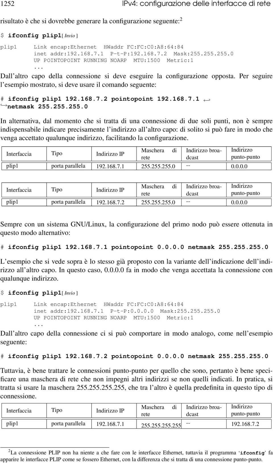 Per seguire l esempio mostrato, si deve usare il comando seguente: # ifconfig plip1 192.168.7.2 pointopoint 192.168.7.1 netmask 255.