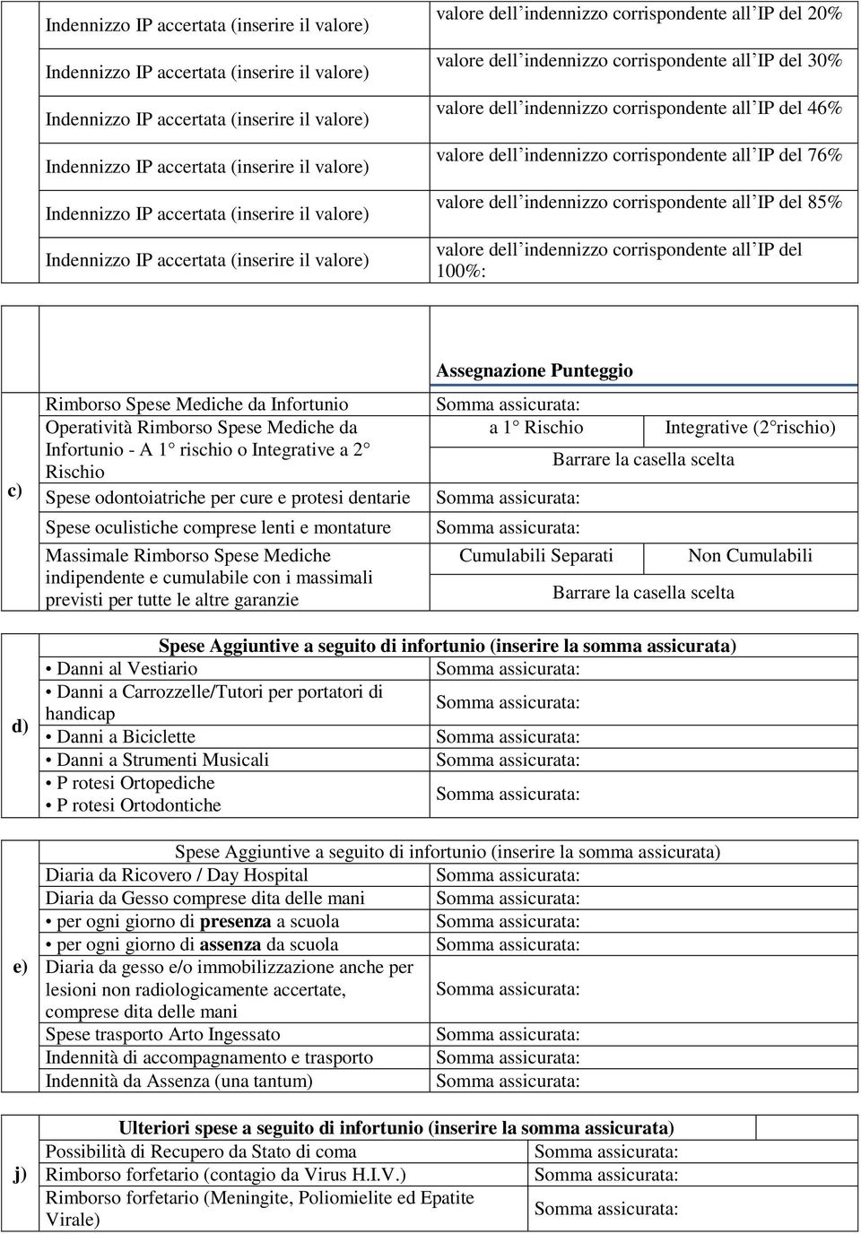 da Infortunio - A 1 rischio o Integrative a 2 Rischio Spese odontoiatriche per cure e protesi dentarie Spese oculistiche comprese lenti e montature Massimale Rimborso Spese Mediche indipendente e