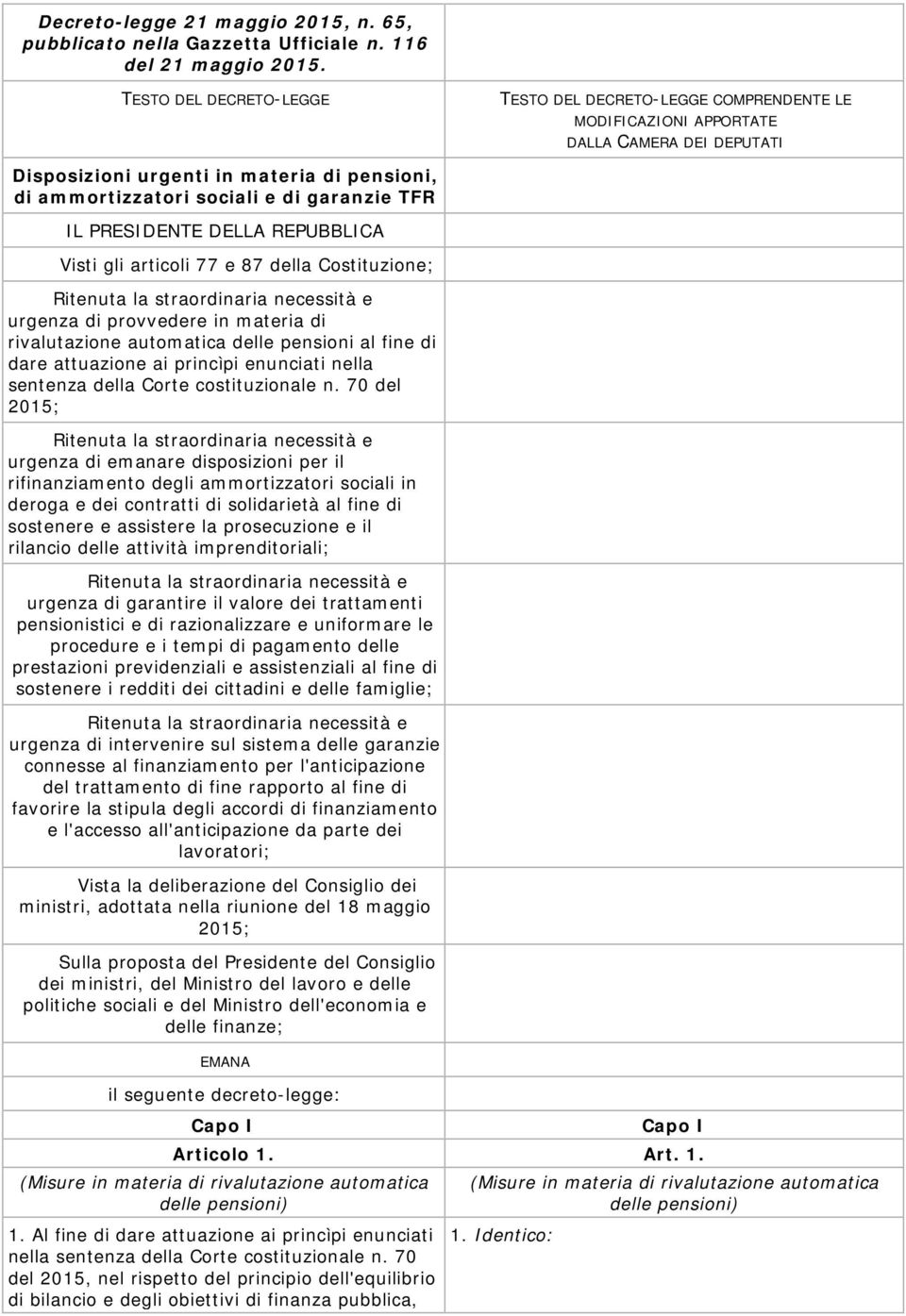 TFR IL PRESIDENTE DELLA REPUBBLICA Visti gli articoli 77 e 87 della Costituzione; Ritenuta la straordinaria necessità e urgenza di provvedere in materia di rivalutazione automatica delle pensioni al