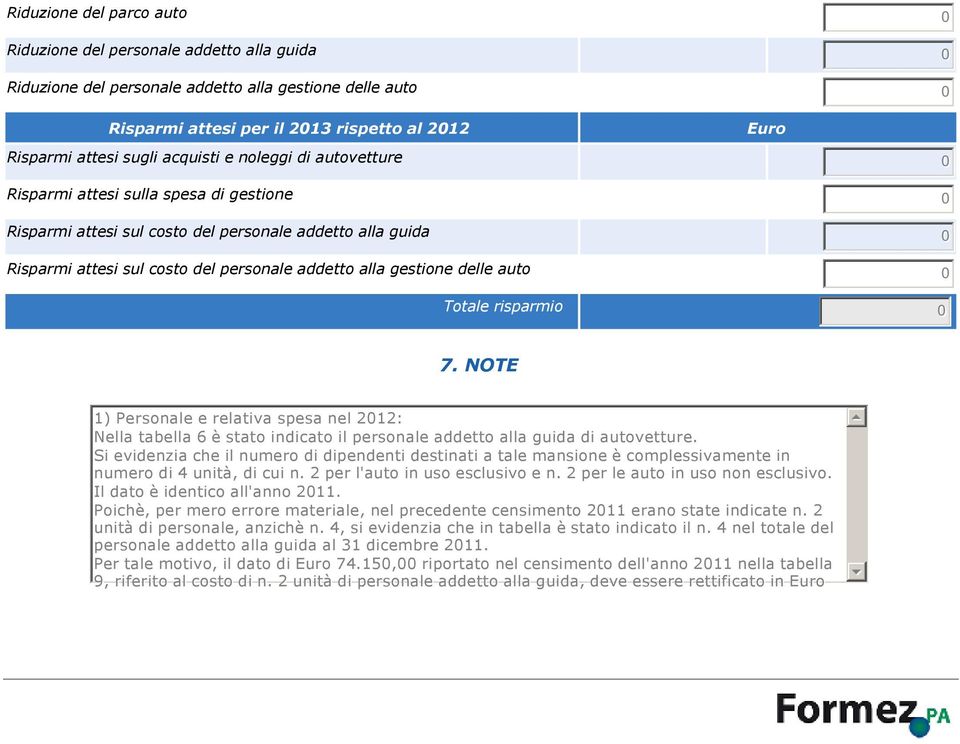 gestione delle auto 0 risparmio 0 7. NOTE 1) Personale e relativa spesa nel 2012: Nella tabella 6 è stato indicato il personale addetto alla guida di autovetture.