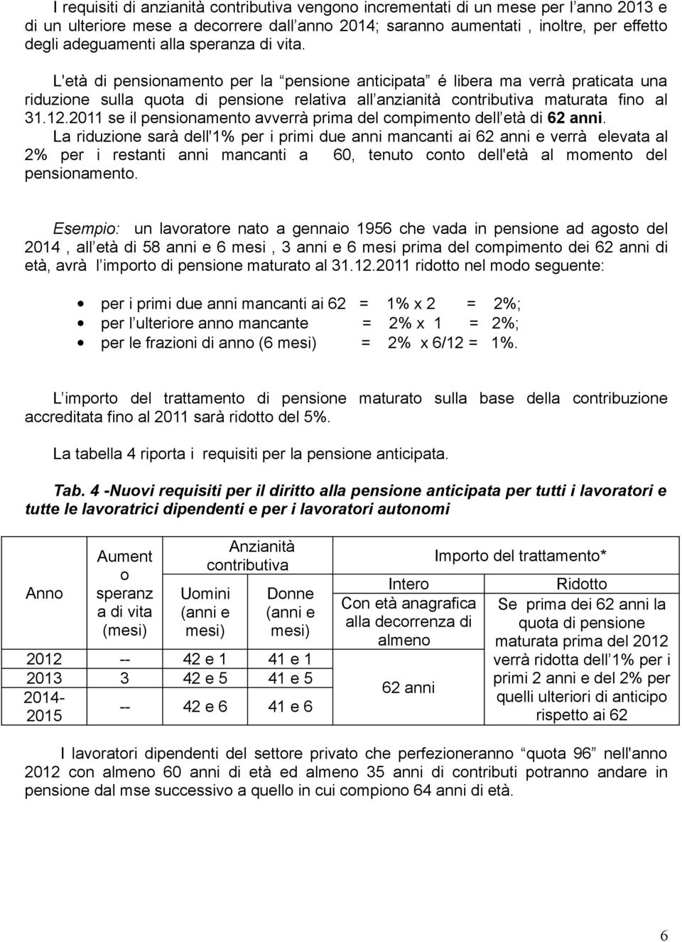 2011 se il pensionamento avverrà prima del compimento dell età di 62 anni.