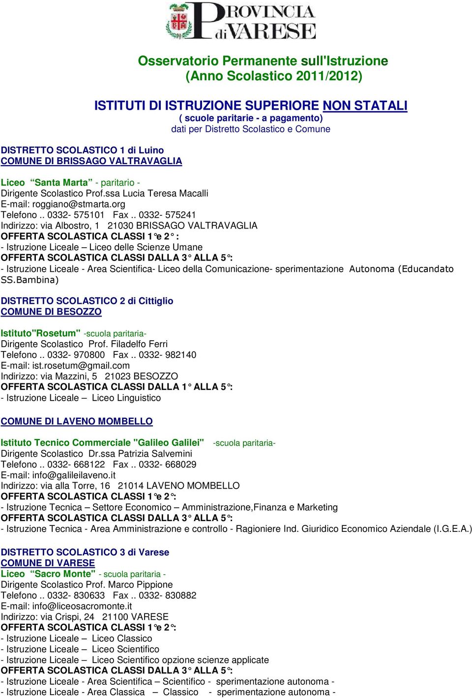 . 0332-575241 Indirizzo: via Albostro, 1 21030 BRISSAGO VALTRAVAGLIA OFFERTA SCOLASTICA CLASSI 1 e 2 : - Istruzione Liceale Liceo delle Scienze Umane - Istruzione Liceale - Area Scientifica- Liceo