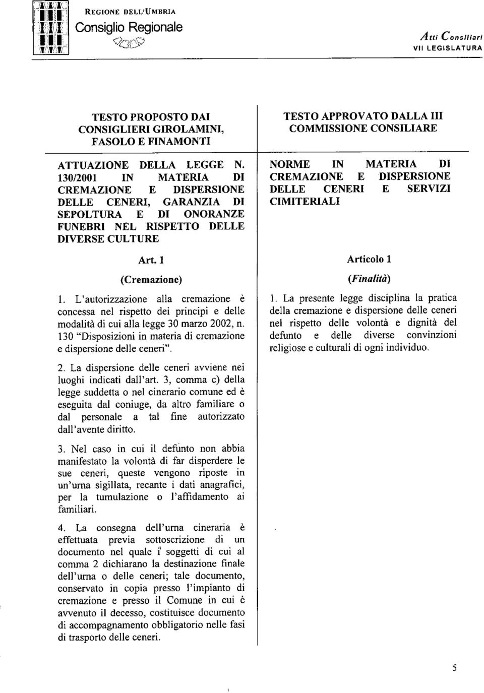 DISPERSIONE DELLE CENERI, GARANZIA DI SEPOLTURA E DI ONORANZE FUNEBRI NEL RISPETTO DELLE DIVERSE CULTURE Art l (Cremazione) l L'autorizzazione alla cremazione è concessa nel rispetto dei principi e