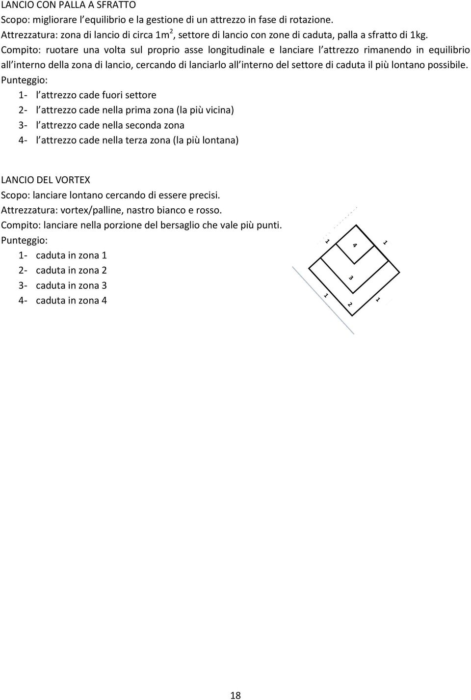 Compito: ruotare una volta sul proprio asse longitudinale e lanciare l attrezzo rimanendo in equilibrio all interno della zona di lancio, cercando di lanciarlo all interno del settore di caduta il