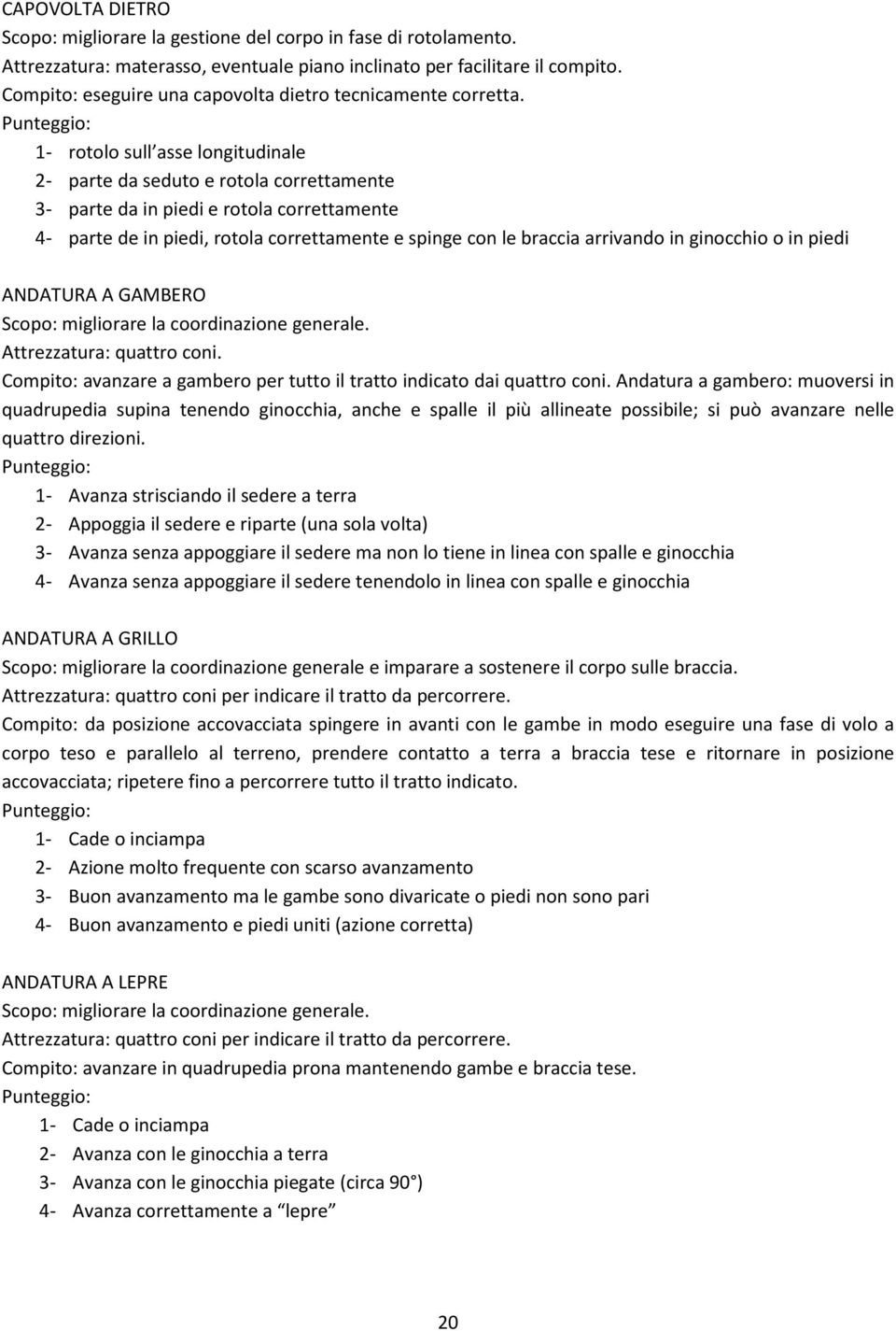 1- rotolo sull asse longitudinale 2- parte da seduto e rotola correttamente 3- parte da in piedi e rotola correttamente 4- parte de in piedi, rotola correttamente e spinge con le braccia arrivando in