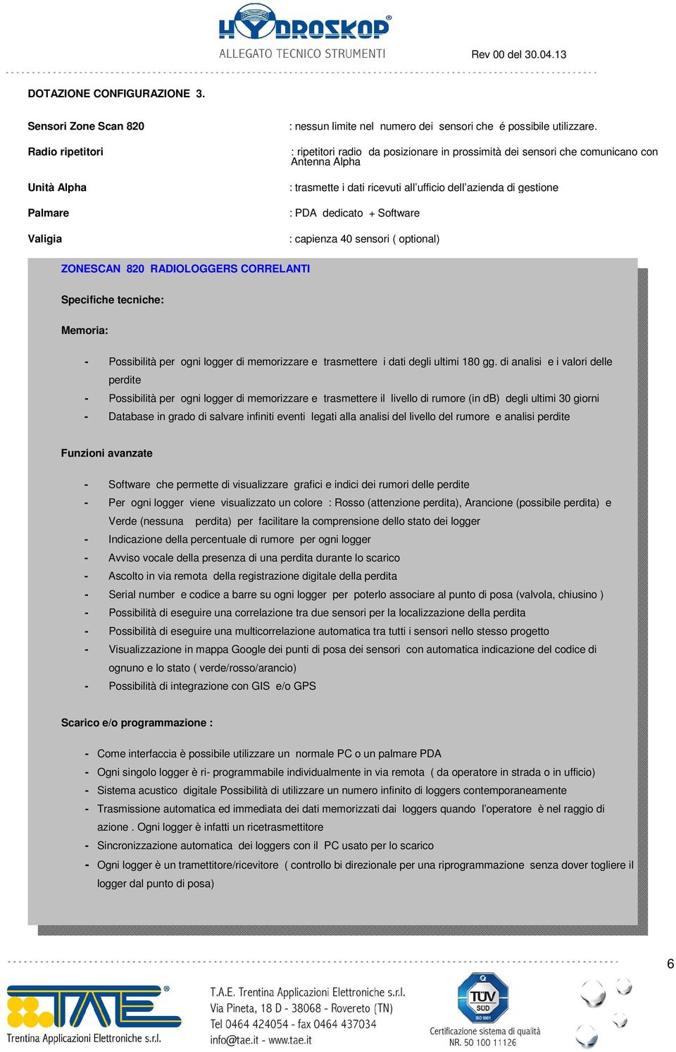 sensori ( optional) ZONESCAN 820 RADIOLOGGERS CORRELANTI Specifiche tecniche: Memoria: - Possibilità per ogni logger di memorizzare e trasmettere i dati degli ultimi 180 gg.