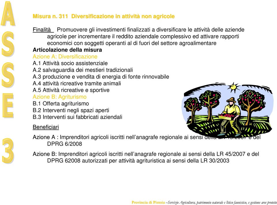 attivare rapporti economici con soggetti operanti al di fuori del settore agroalimentare Articolazione della misura Azione A: Diversificazione A.1 Attività socio assistenziale A.