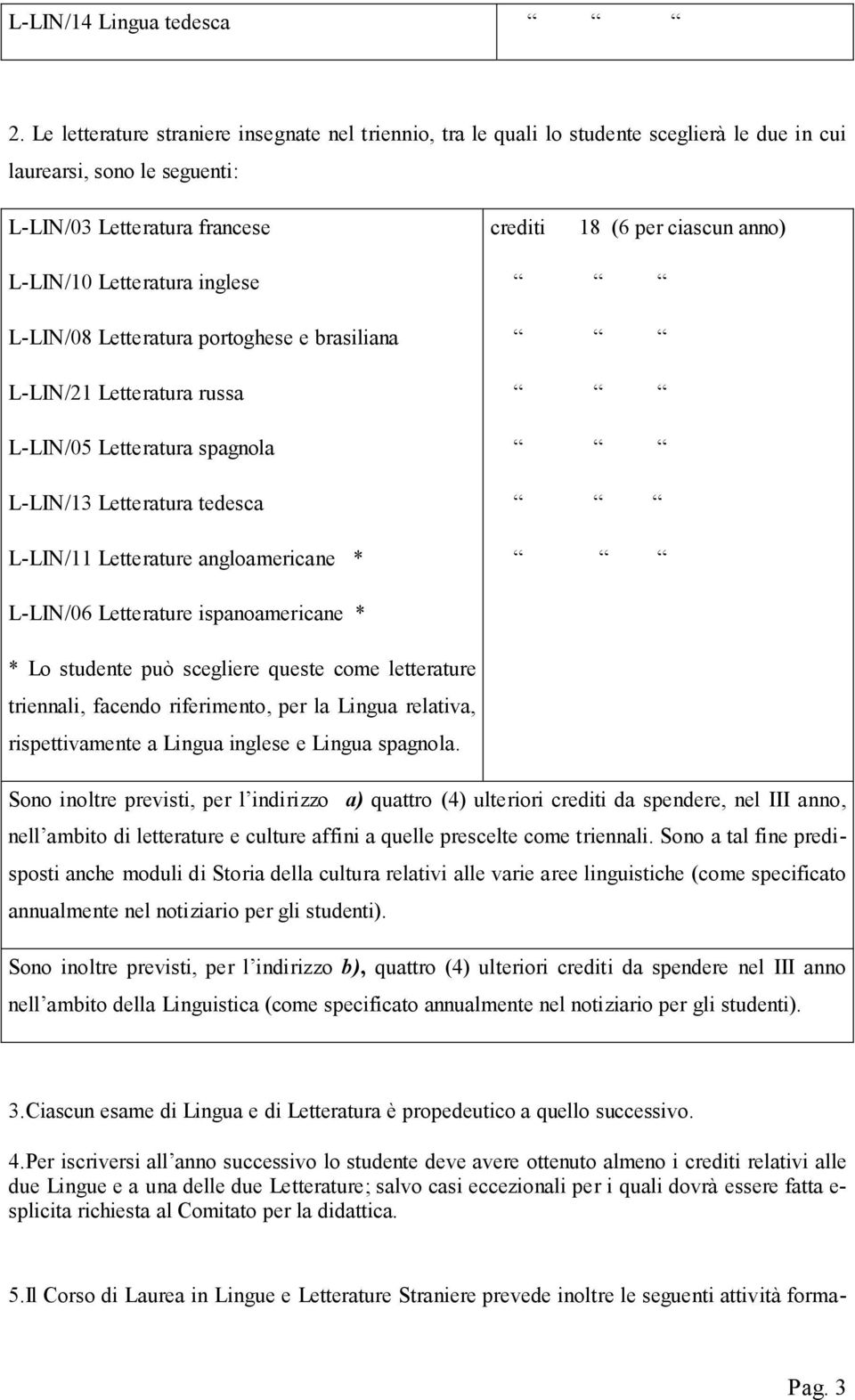 Letteratura inglese L-LIN/08 Letteratura portoghese e brasiliana L-LIN/21 Letteratura russa L-LIN/05 Letteratura spagnola L-LIN/13 Letteratura tedesca L-LIN/11 Letterature angloamericane * L-LIN/06