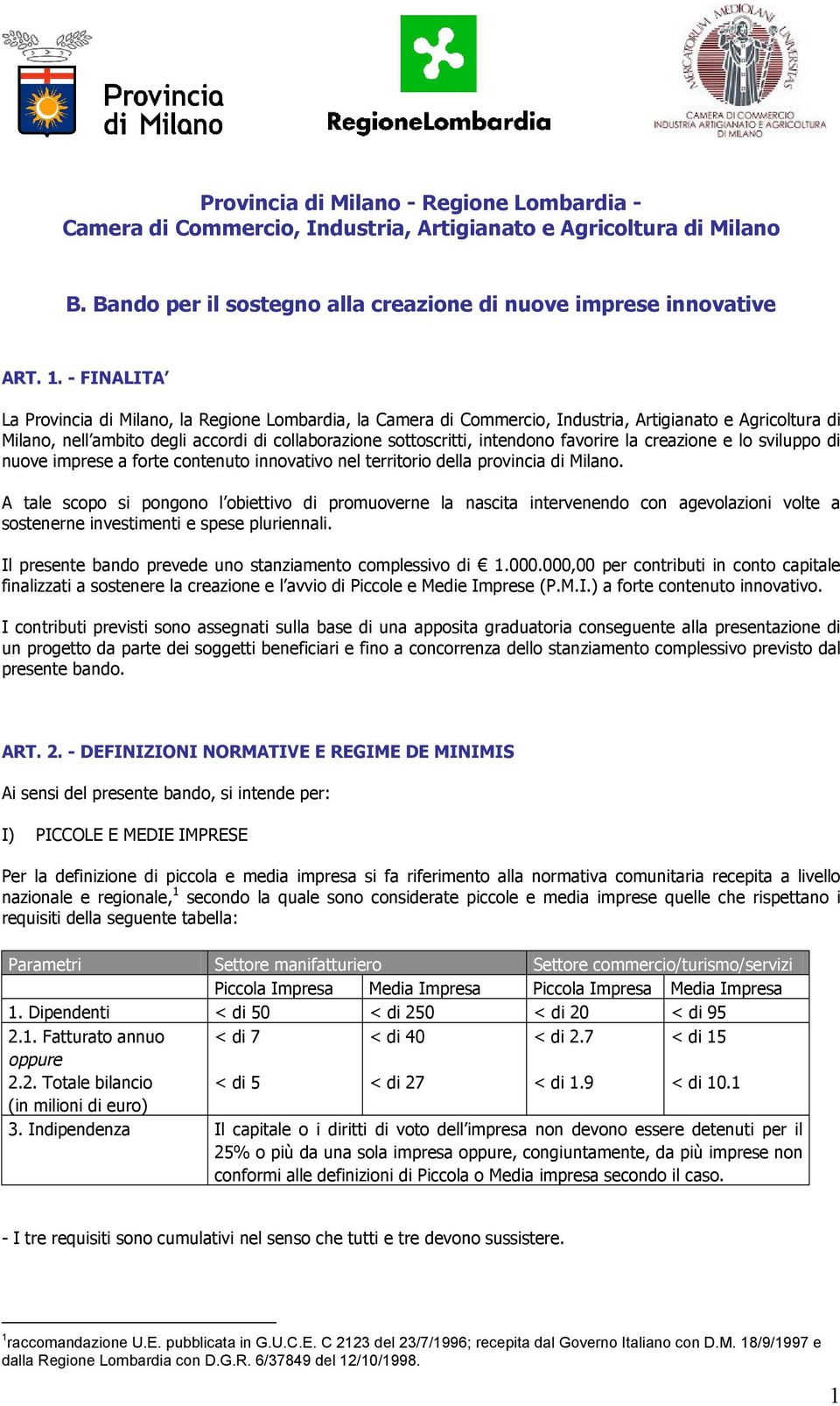 favorire la creazione e lo sviluppo di nuove imprese a forte contenuto innovativo nel territorio della provincia di Milano.