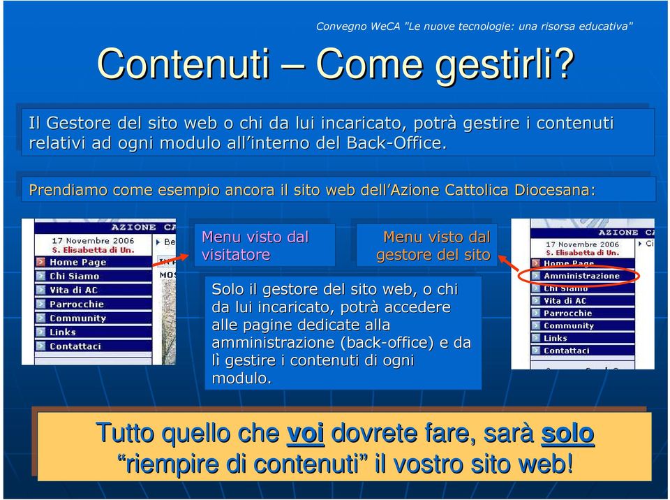 visitatore Menu Menu visto visto dal dal gestore gestore del del sito sito Solo Solo il il gestore gestore del del sito sito web, web, o chi chi da da lui lui incaricato, incaricato, potrà potrà