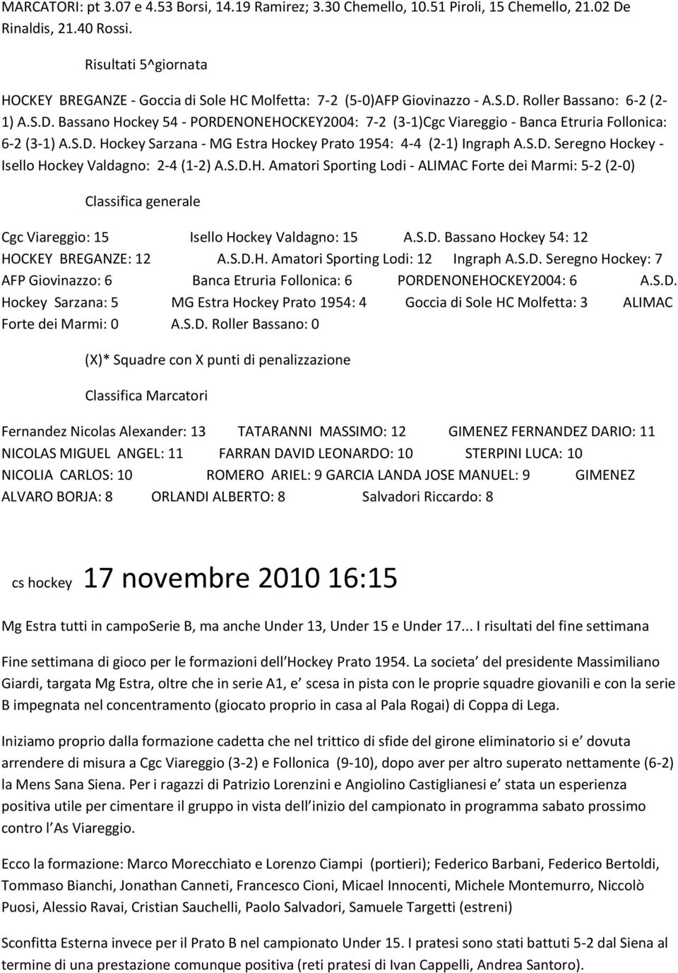Roller Bassano: 6-2 (2-1) A.S.D. Bassano Hockey 54 - PORDENONEHOCKEY2004: 7-2 (3-1)Cgc Viareggio - Banca Etruria Follonica: 6-2 (3-1) A.S.D. Hockey Sarzana - MG Estra Hockey Prato 1954: 4-4 (2-1) Ingraph A.