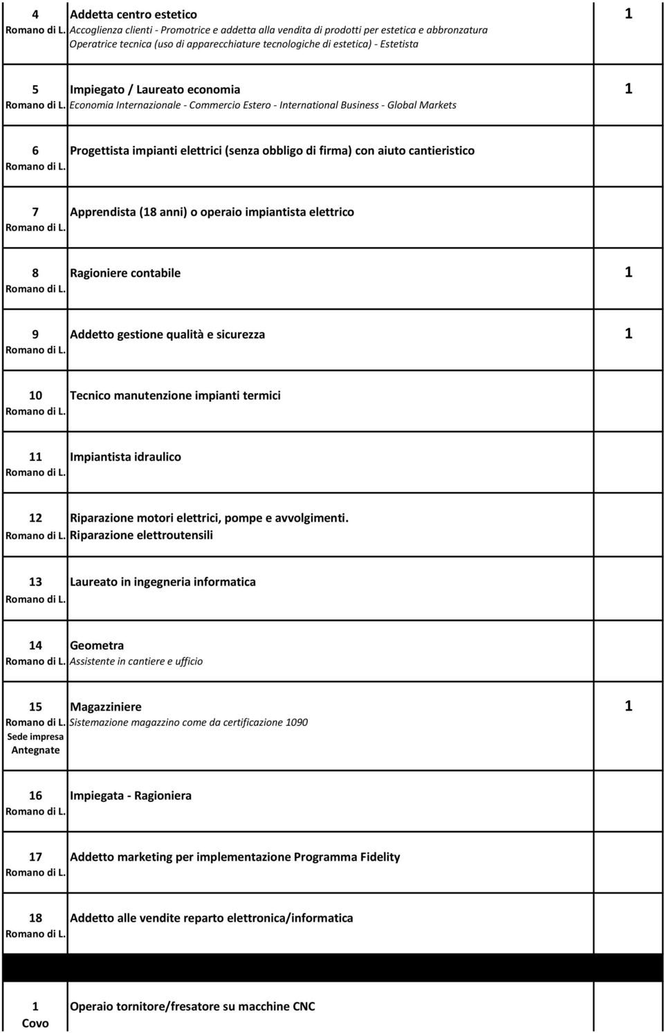 cantieristico 7 Apprendista (18 anni) o operaio impiantista elettrico 8 Ragioniere contabile 1 9 Addetto gestione qualità e sicurezza 1 10 Tecnico manutenzione impianti termici 11 Impiantista