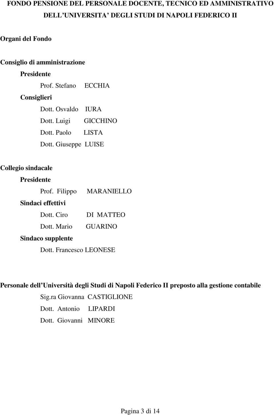 Giuseppe LUISE Collegio sindacale Presidente Prof. Filippo MARANIELLO Sindaci effettivi Dott. Ciro DI MATTEO Dott. Mario GUARINO Sindaco supplente Dott.