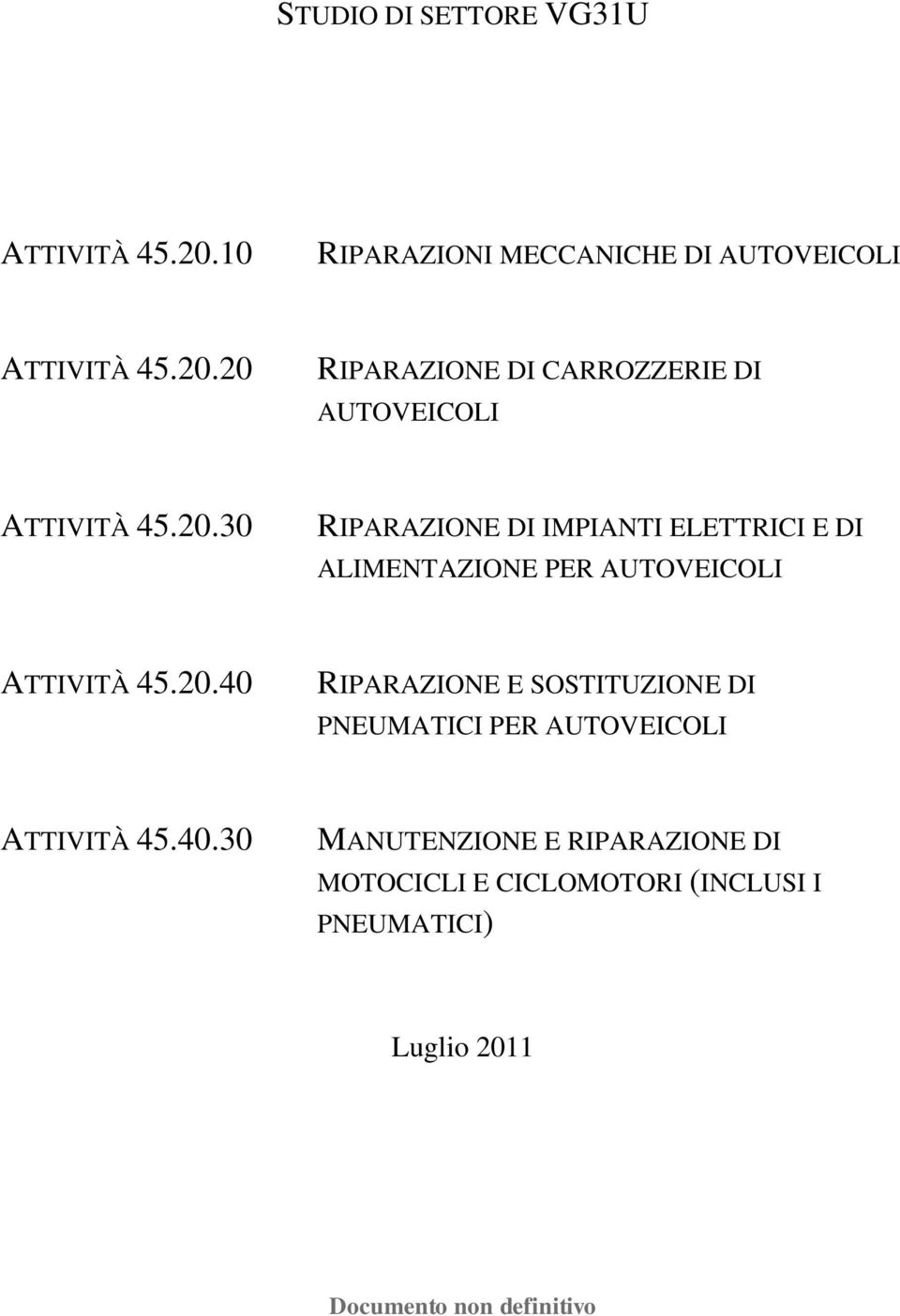 40.30 MANUTENZIONE E RIPARAZIONE DI MOTOCICLI E CICLOMOTORI (INCLUSI I PNEUMATICI) Luglio 2011 Documento non