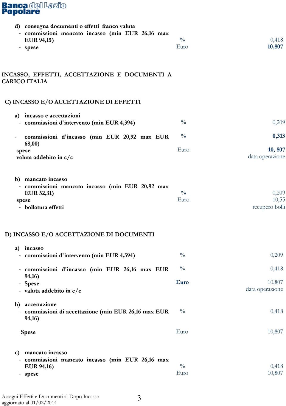 mancato incasso (min EUR 20,92 max EUR 52,31) 10,55 - bollatura effetti recupero bolli D) INCASSO E/O ACCETTAZIONE DI DOCUMENTI a) incasso - commissioni d'incasso