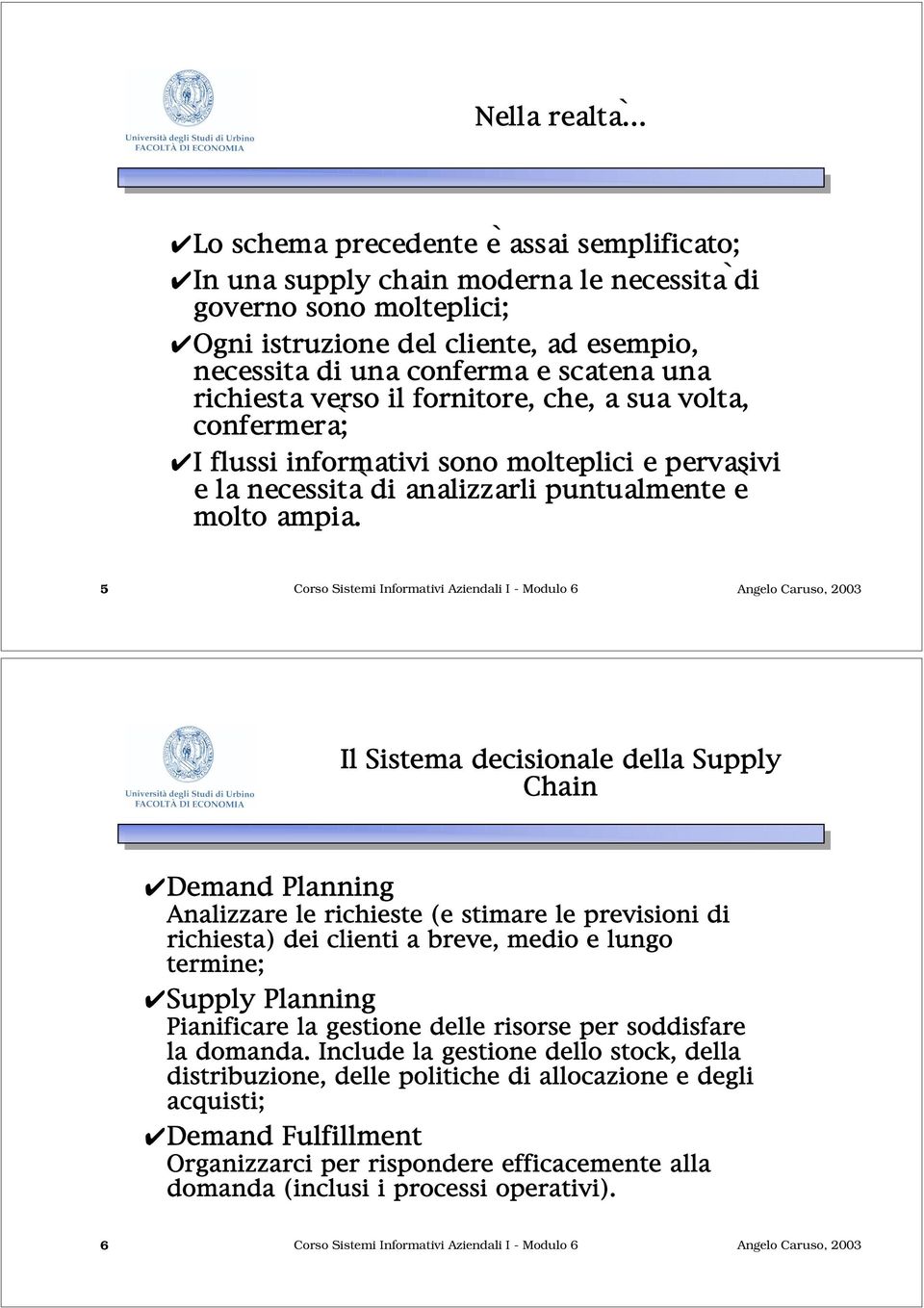 5 Corso Sistemi Informativi Aziendali I - Modulo 6 Il Sistema decisionale della Supply Chain Demand Planning Analizzare le richieste (e stimare le previsioni di richiesta) dei clienti a breve, medio