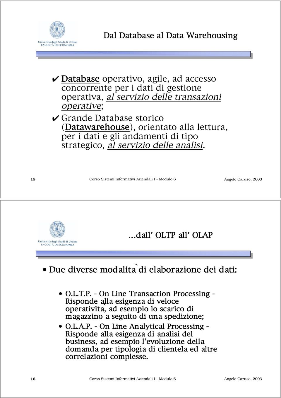 15 Corso Sistemi Informativi Aziendali I - Modulo 6 dall OLTP 